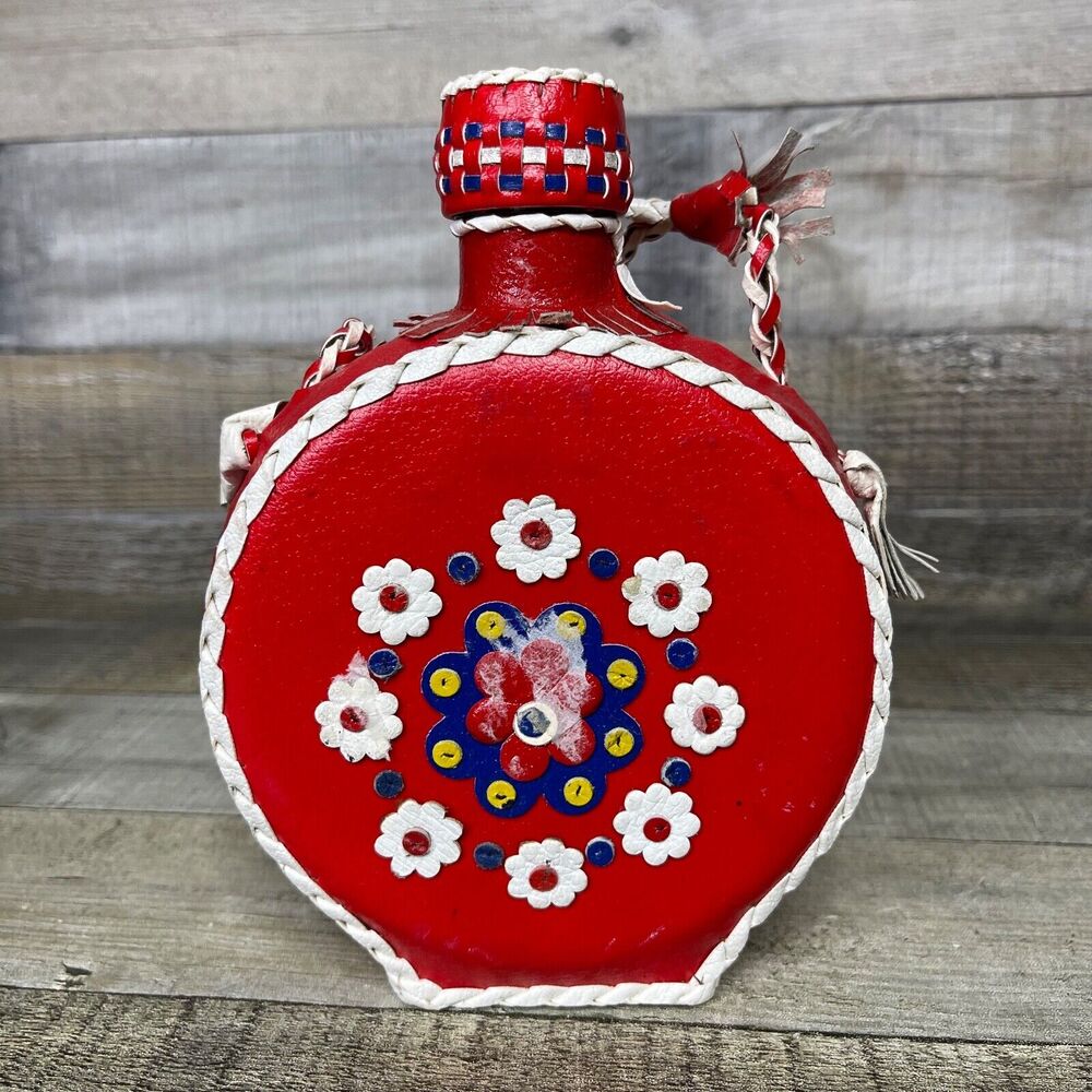 Canteen Flask Decanter Folk Art Leather Covered Bottle Red White Blue Floral